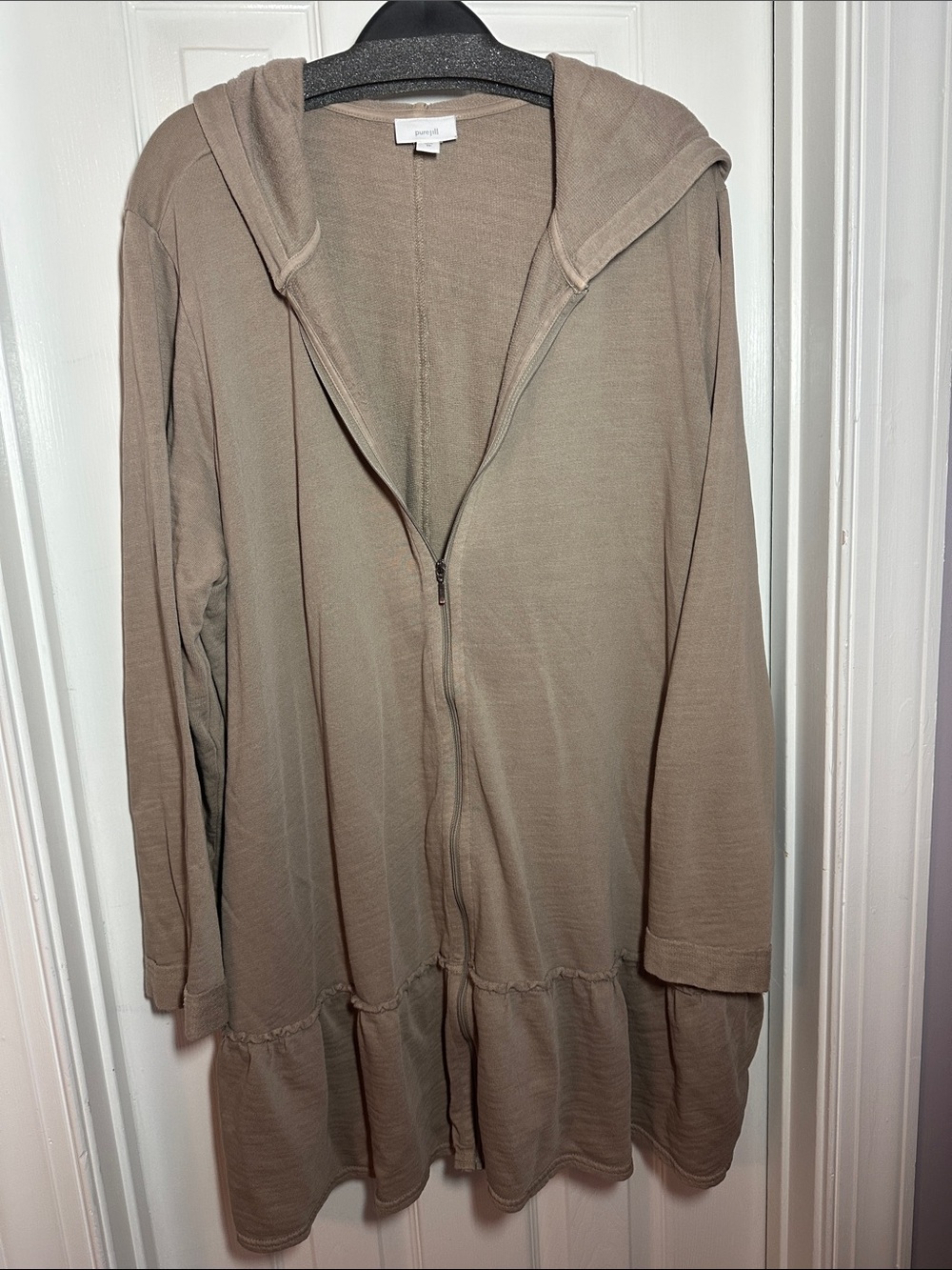 Lightweight Zip-Front Hooded Tunic in Taupe. 0039